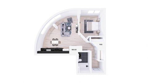 Floor plan for 1 bed, 1 bath, 696 sqft